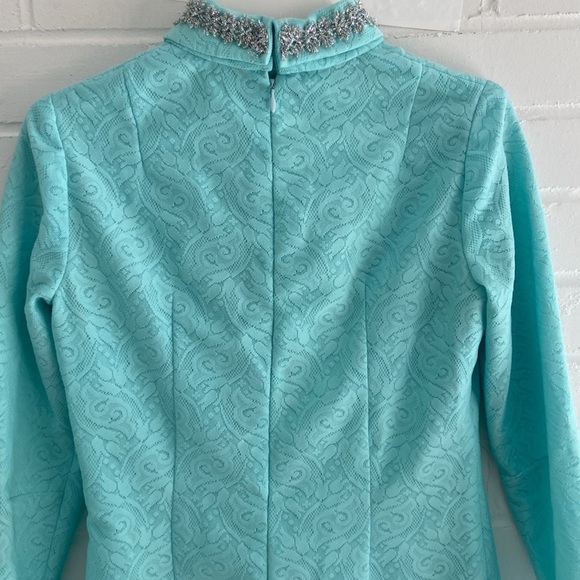 Womens Classic Vintage Seafoam Green Silver Trim Festive High Neck Dress Size 8 - Picture 5 of 9